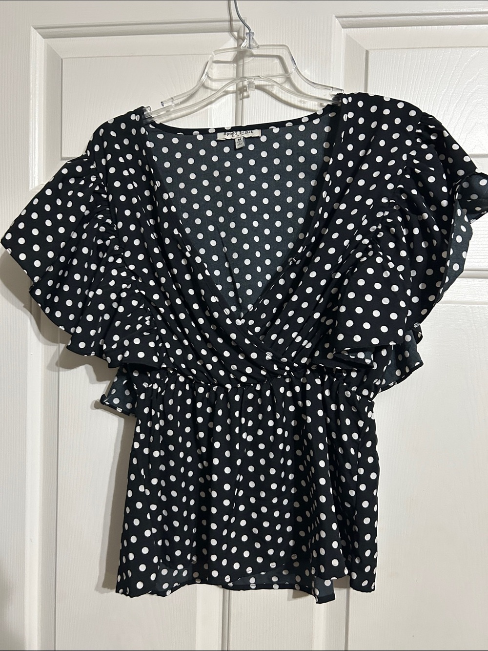 Polka Dot V-Neck Flutter Sleeve Top Black & White